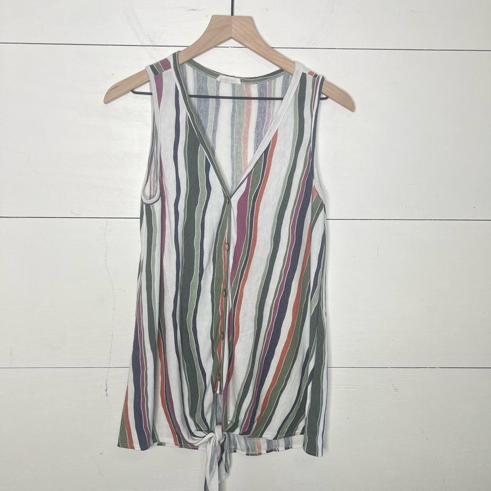 First Love • Sleeveless Striped Button Down Tie Waist Blouse Size Large
